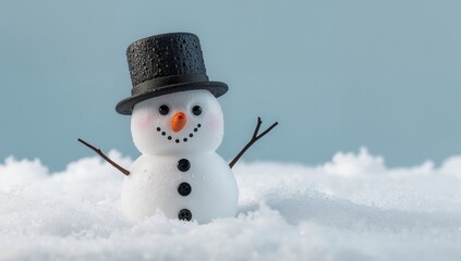 Fototapeta premium Cheerful snowman with a top hat standing in fresh snow, winter