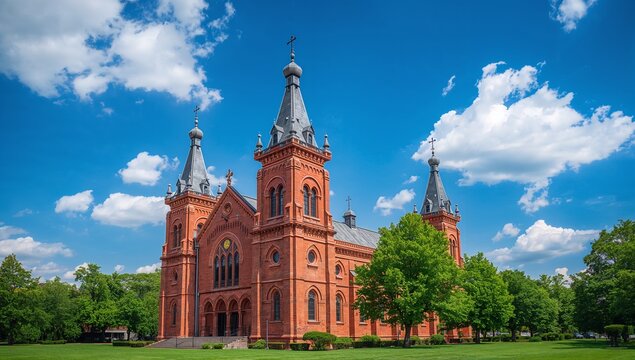 Historic red brick church with elegant spires under bright blue sky. - Powered by Adobe