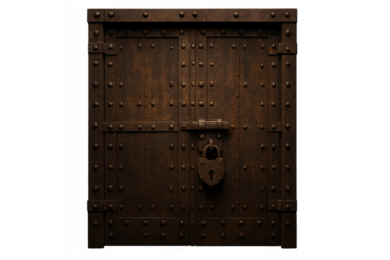 Old medieval locked dungeon door with rusty metal rivets and padlock representing security and secrecy on a transparent background