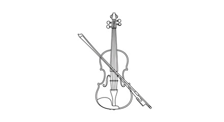 Illustration of a simple line drawing of a violin and bow, isolated on a transparent background, representing classical music and performance