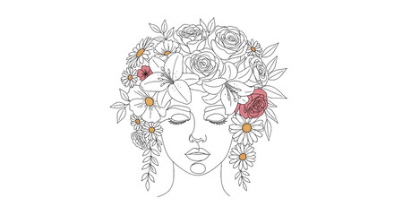 Illustration of line art illustration of a womans face adorned with a crown of delicate flowers and leaves, isolated on transparent background