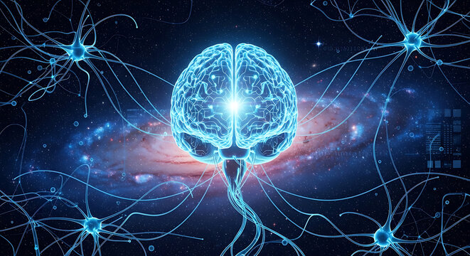 Glowing neural brain floats above a starry galaxy, with blue synapses sparking through space. Across