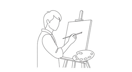 Illustration of artist painting on a canvas with a brush and palette, isolated on transparent background