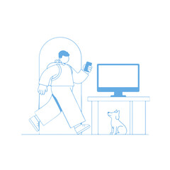 Modern line art shows person coming home with dog waiting by computer desk