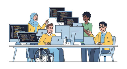 Illustration of diverse group of people working together on computers in a modern office setting, promoting inclusivity and teamwork isolated on transparent background
