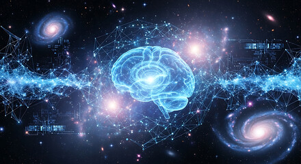 Glowing blue brain core floats amid cosmic galaxies, neon circuitry, and starry neural networks now!