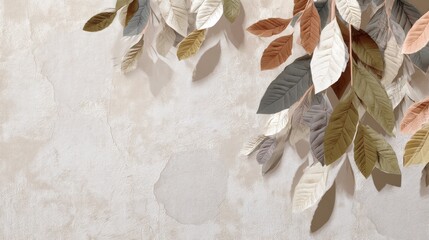 A beige textured wall with a floral pattern of leaves in various shades of brown, beige, and green, with a subtle shadow effect, creating a warm and inviting atmosphere.