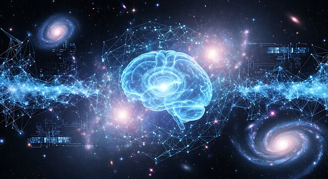 Glowing blue brain core floats amid cosmic galaxies, neon circuitry, and starry neural networks now!