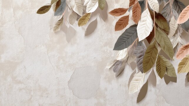 A beige textured wall with a floral pattern of leaves in various shades of brown, beige, and green, with a subtle shadow effect, creating a warm and inviting atmosphere.
