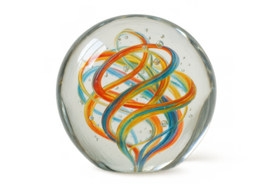 Glass paperweight displaying vibrant swirling ribbons and air bubbles, creating an abstract, artistic transparent decor piece