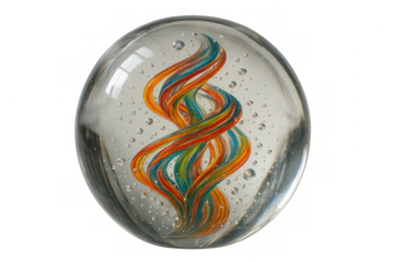 Glass paperweight containing colorful abstract swirl with transparent air bubbles creating artistic decorative element