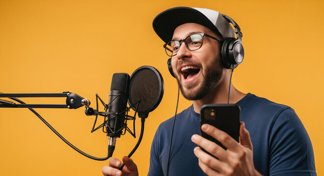 Excited man broadcasting a podcast, speaking into a studio microphone with headphones and smartphone. - Powered by Adobe