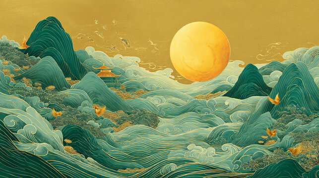 Stylized landscape with rolling waves, mountain peaks, and a large golden sun in the sky
