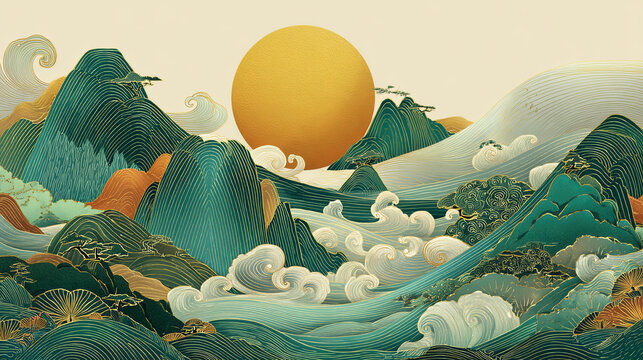 Stylized landscape with rolling waves, mountain peaks, and a large golden sun in the sky
