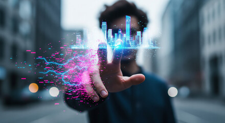 Person touching glowing smart city interface with digital data and network elements.