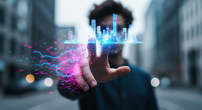 Person touching glowing smart city interface with digital data and network elements.