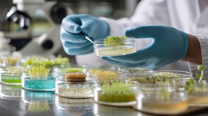 A scientist in a lab coat and gloves holds a petri dish with green plant sprouts, surrounded by other petri dishes with green and yellow plant sprouts, on a reflective table in a laboratory setting.