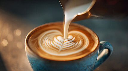 Steaming milk being poured into a cup of coffee to create latte art with a heart design
