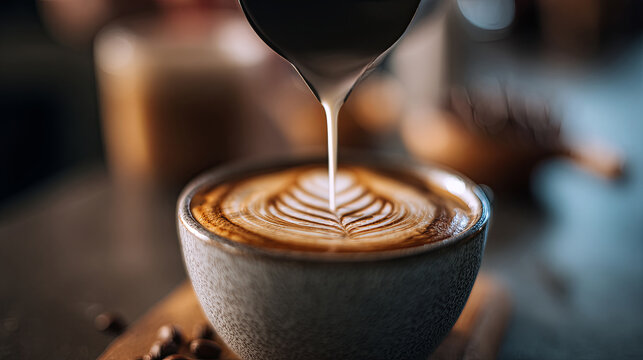 Steaming milk being poured into a cup of coffee to create latte art with a heart design
