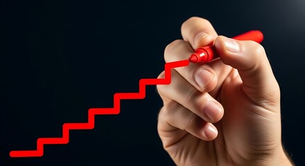 Hand draws a red staircase with a marker on a dark background