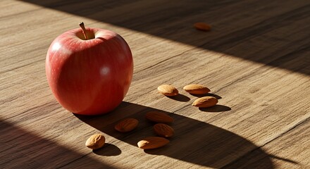 A shiny red apple with almonds scattered on a wooden surface under a beam of sunlight creating shadows