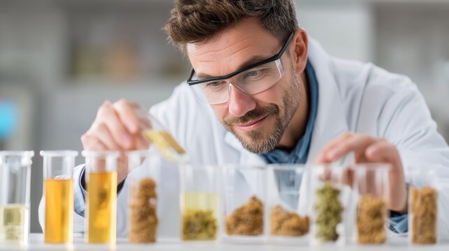 A scientist in a lab coat examining cannabis samples in a laboratory setting.