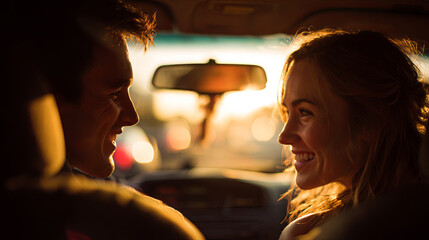 Two people smiling at each other inside a car during golden hour