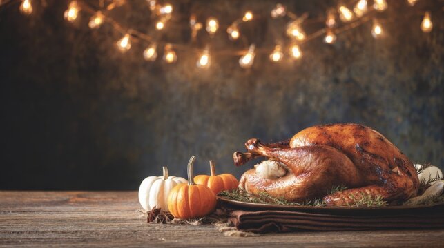 A beautifully roasted turkey centerpiece surrounded by festive pumpkins and warm lights, perfect for a holiday celebration or family gathering.