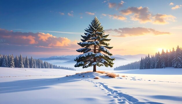 Stunning winter landscape with a snowy tree and footprints in the snow at sunset