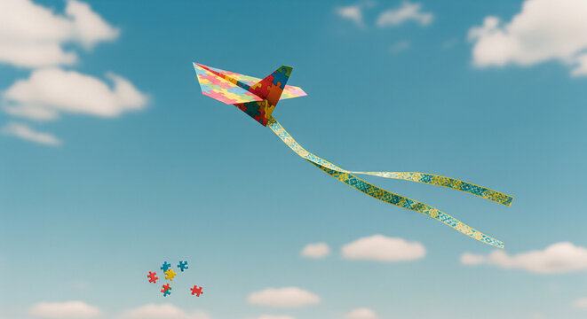 Colorful puzzle piece paper airplane soaring in blue sky, symbolizing autism awareness.