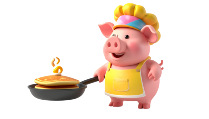 Cute cartoon pig chef holding a frying pan with pancakes.