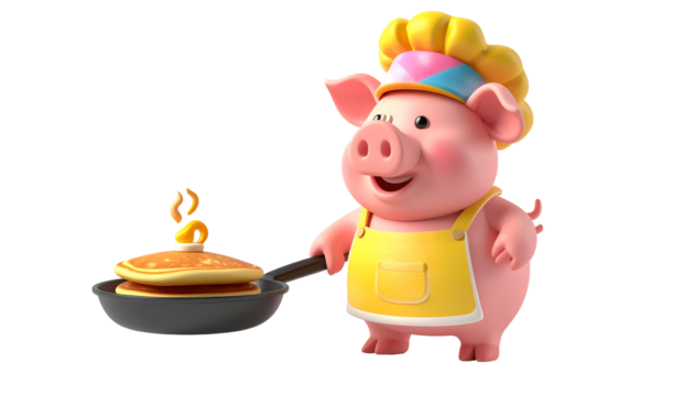 Cute cartoon pig chef holding a frying pan with pancakes.