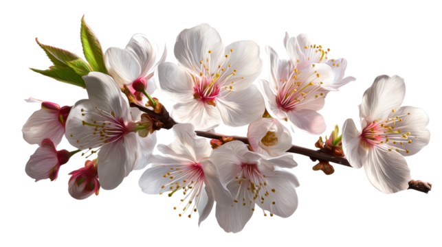 Delicate white cherry blossoms with pink centers bloom on a branch