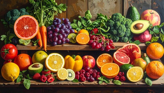 Vibrant assortment of fresh fruits and vegetables artfully arranged on shelves