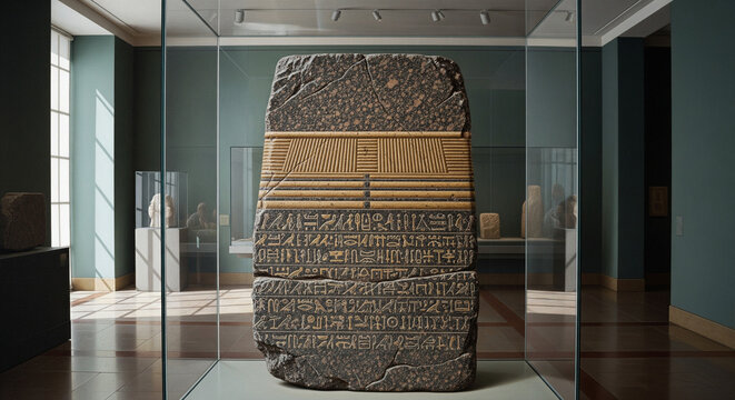 Ancient Inscribed Stone Stele on Display in a Museum Gallery with Sunlight