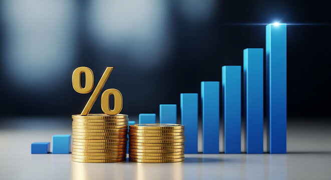 Stacks of gold coins beside a rising bar chart and a percentage symbol, hinting steady truly growth!