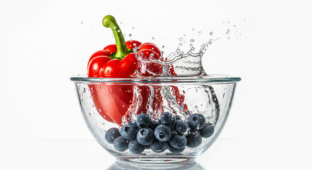 Dynamic splash of water over fresh red bell pepper and blueberries in a glass bowl.