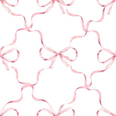 Seamless pattern with pastel watercolor ribbons and bows. Hand drawn ornament with soft curved lines in pink colors. For gift wrapping, festive occasions, stationery, textile, and wallpaper.