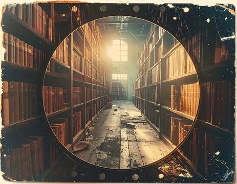 Ancient library with endless rows of aged books and sunlight - Powered by Adobe