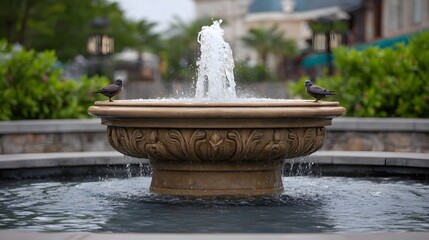 Two birds perched on a decorative stone fountain with water spraying in a tranquil outdoor setting