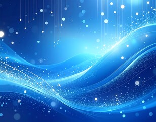 Abstract blue waves and light, with a radiant center and falling particles