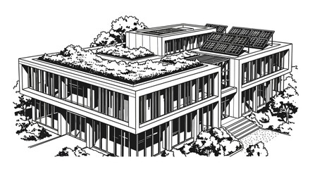 Architectural drawing depicting a modern building with a green roof and solar panels, surrounded by trees and landscaping.