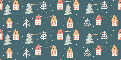 Christmas seamless pattern: houses, Christmas trees, sparkling garlands. Hand‑drawn in a simple naive style, dark background. For packaging, gift paper, Christmas, seasonal festive decor, textiles