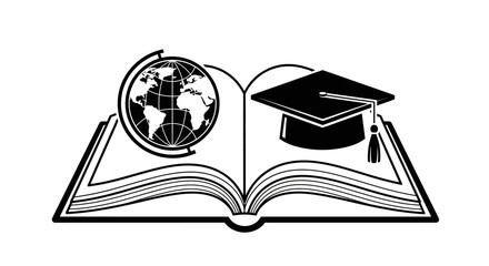 Open book illustration featuring a globe and graduation cap, symbolizing education and global knowledge.