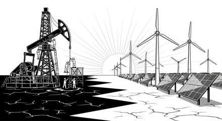 Illustration depicting the contrast between fossil fuels and renewable energy sources, showing oil derricks and wind turbines under a rising sun.