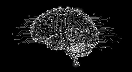 Digital brain illustration with interconnected nodes and circuit board patterns, symbolizing artificial intelligence and neural networks.