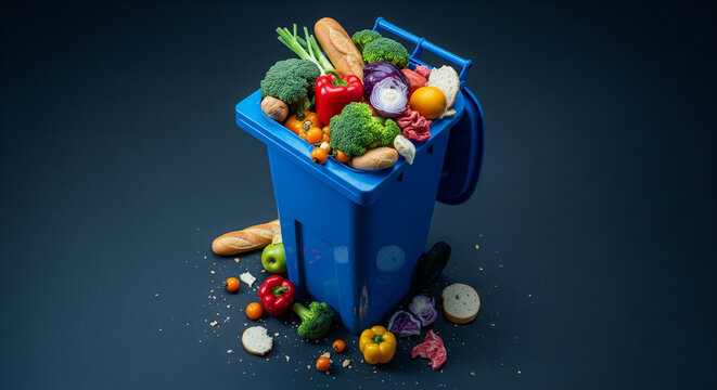 Food waste in blue bin, overflowing with fresh and discarded produce on dark background.