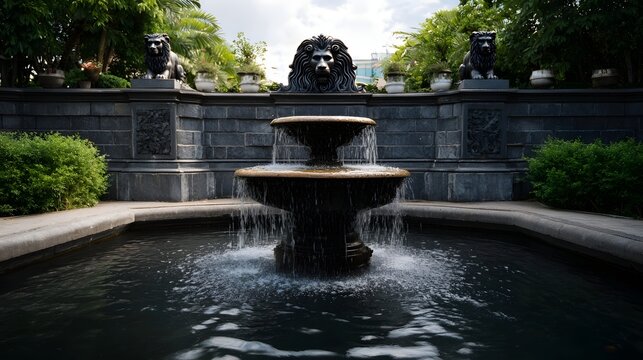 Majestic tiered fountain with lion sculptures and cascading water in a serene garden setting