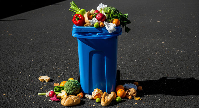 Blue waste bin overflowing with fresh food, bread, and vegetables on dark pavement.