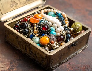 Antique gold jewelry box overflowing with assorted colorful gems and beads